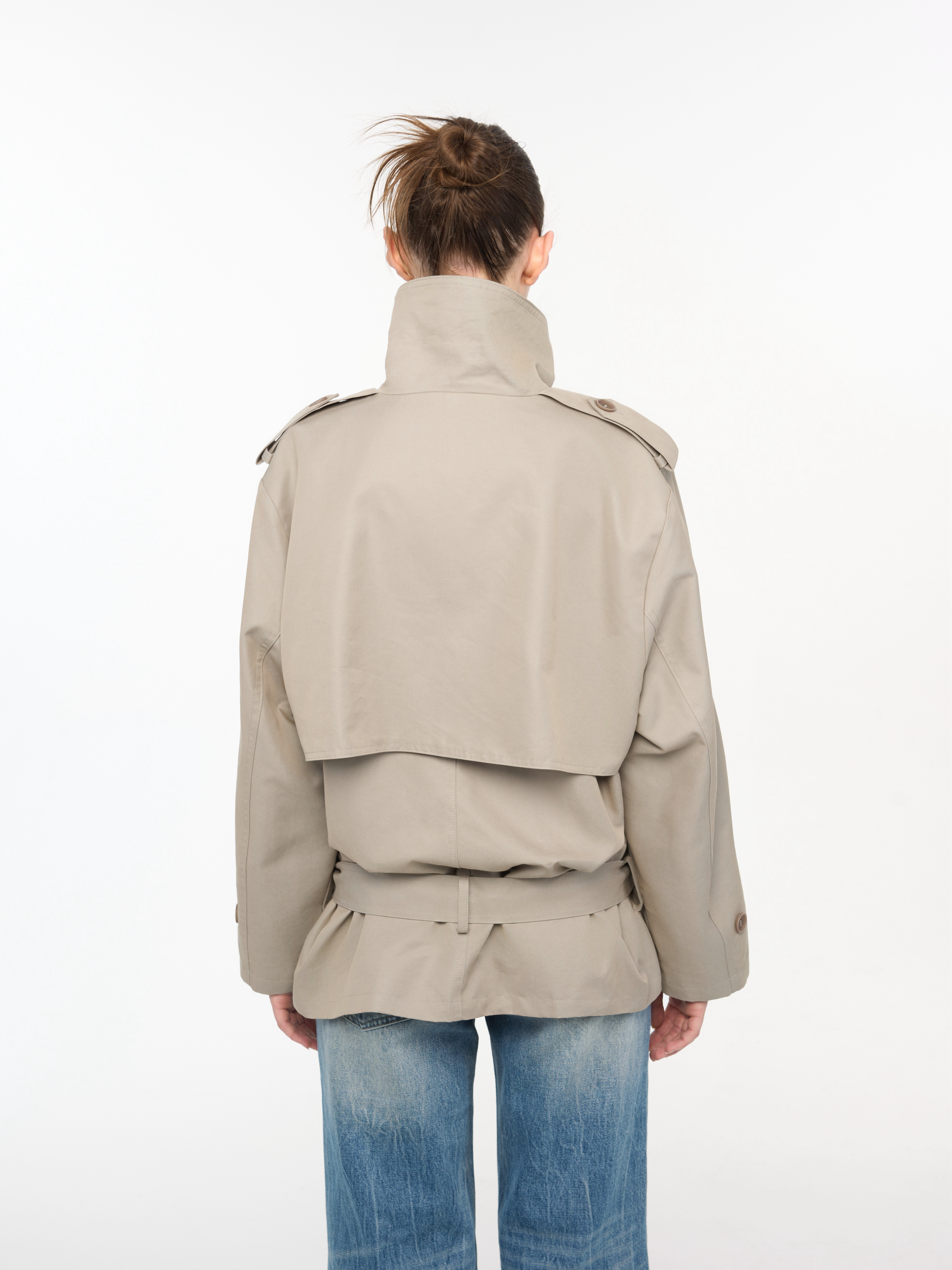 Women's Short Trench Coat, Oversized Double-Breasted Jacket with Mandarin Collar in Cool Colors